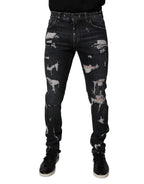 Dolce & Gabbana Black Tattered Cotton Skinny Men Denim Jeans - Zeiniez