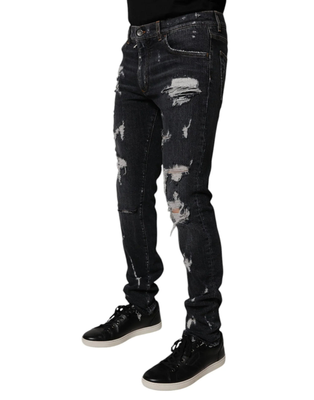 Dolce & Gabbana Black Tattered Cotton Skinny Men Denim Jeans - Zeiniez