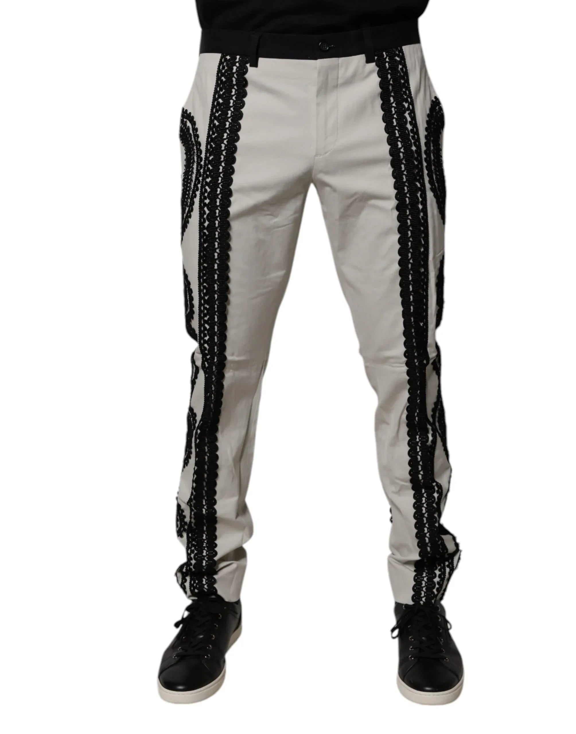 Dolce & Gabbana White Lace Trim Mid Waist Dress Formal Pants - Zeiniez