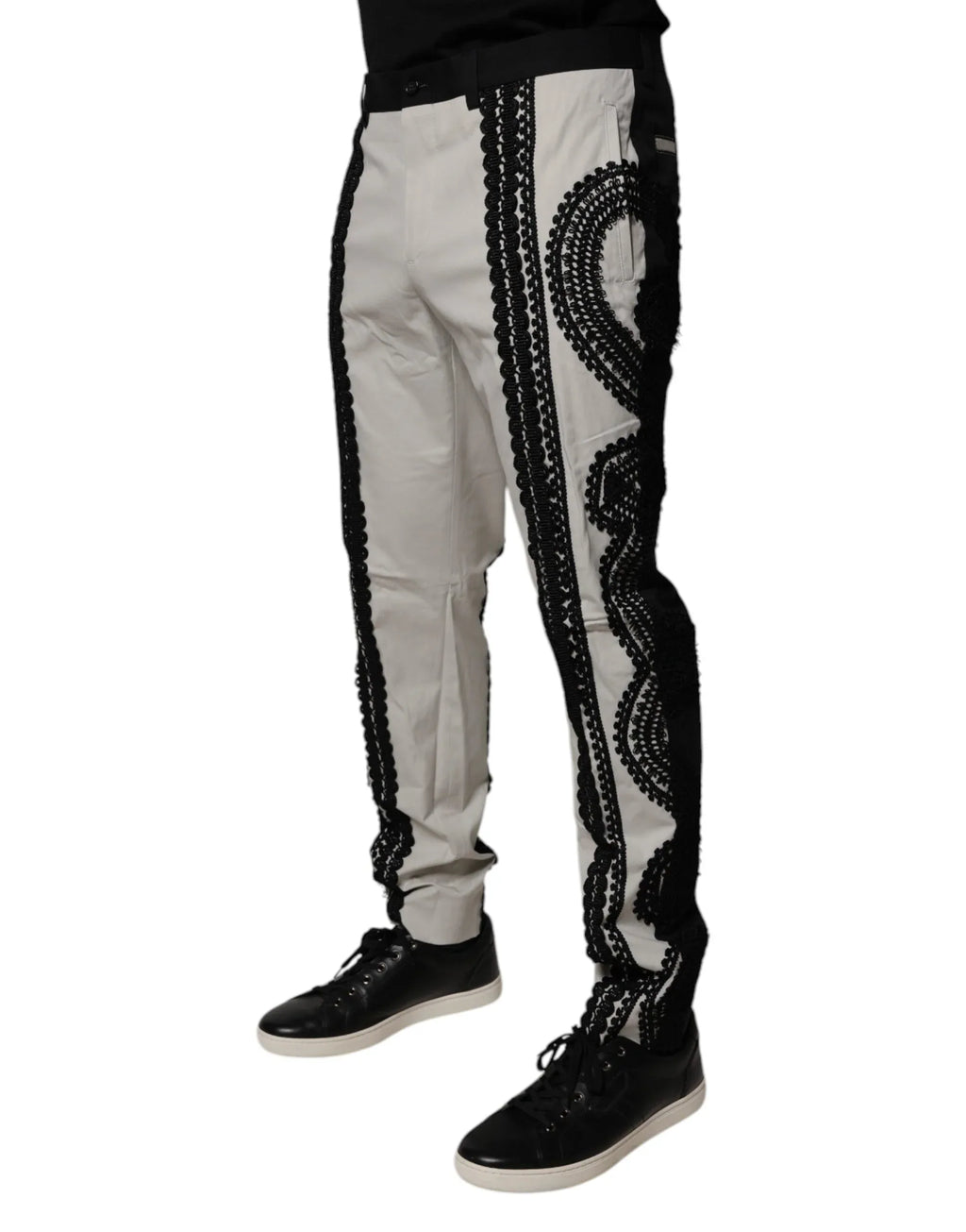 Dolce & Gabbana White Lace Trim Mid Waist Dress Formal Pants - Zeiniez