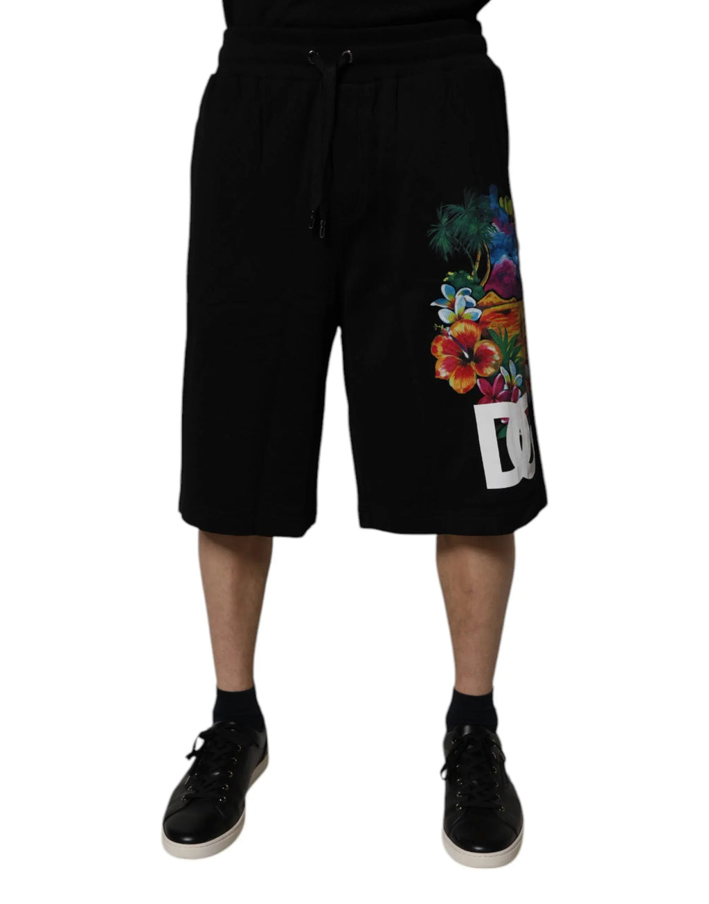 Dolce & Gabbana Black Cotton Logo Floral Print Bermuda Shorts - Zeiniez