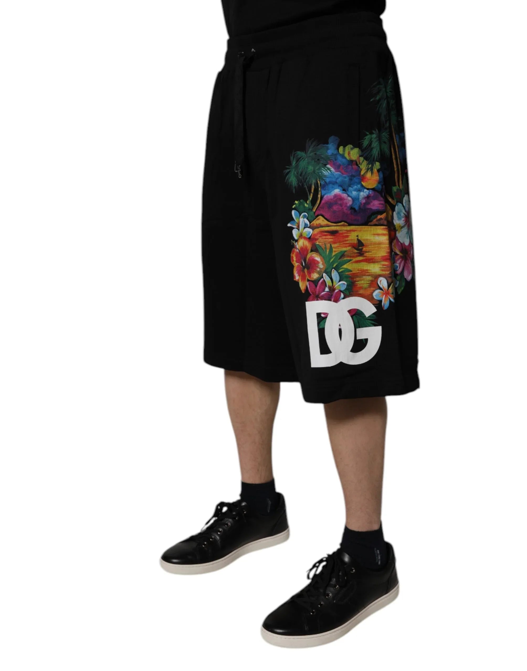 Dolce & Gabbana Black Cotton Logo Floral Print Bermuda Shorts - Zeiniez
