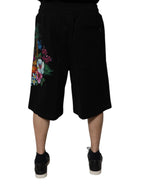 Dolce & Gabbana Black Cotton Logo Floral Print Bermuda Shorts - Zeiniez