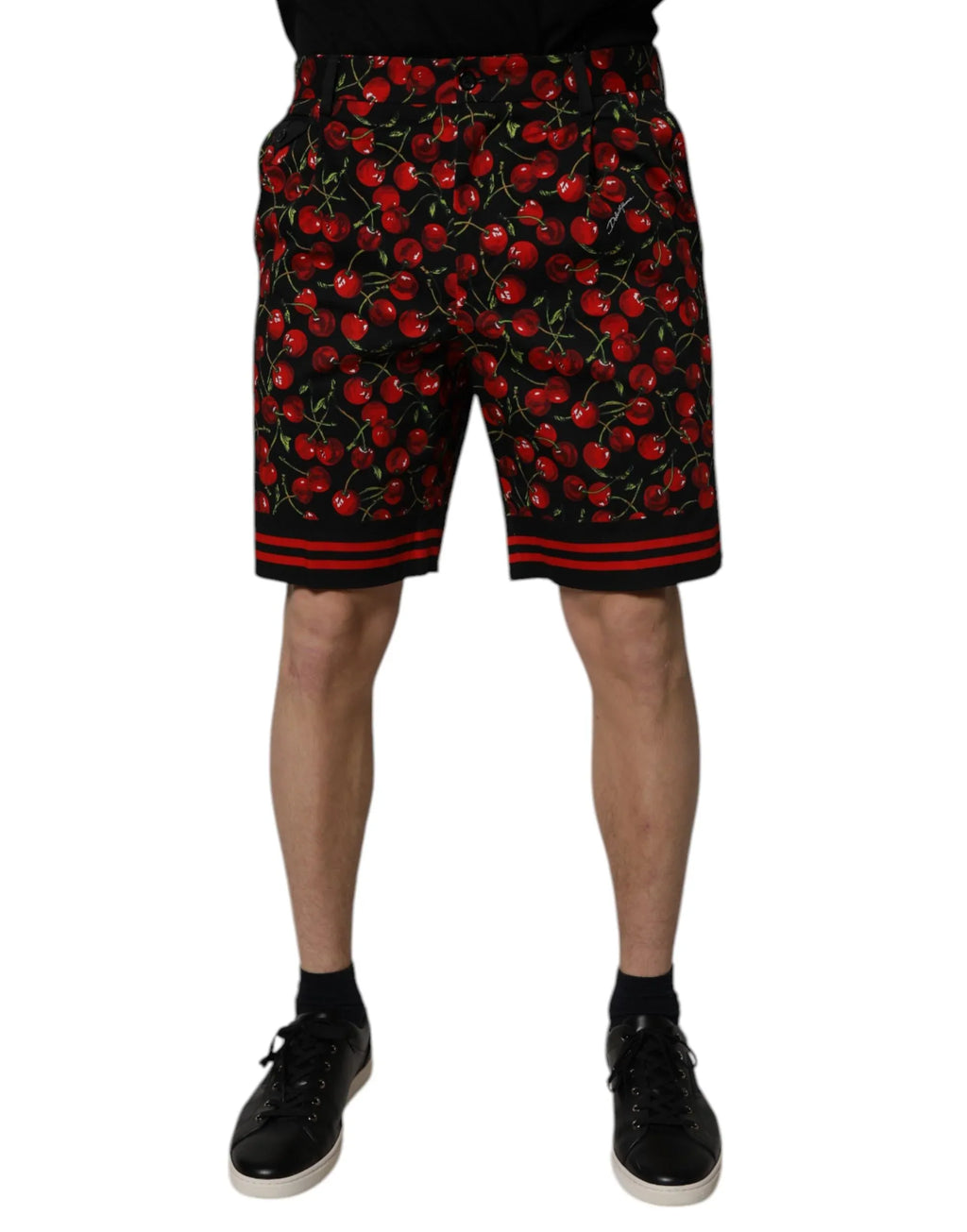 Dolce & Gabbana Black Red Cherry Print Bermuda Cotton Shorts - Zeiniez