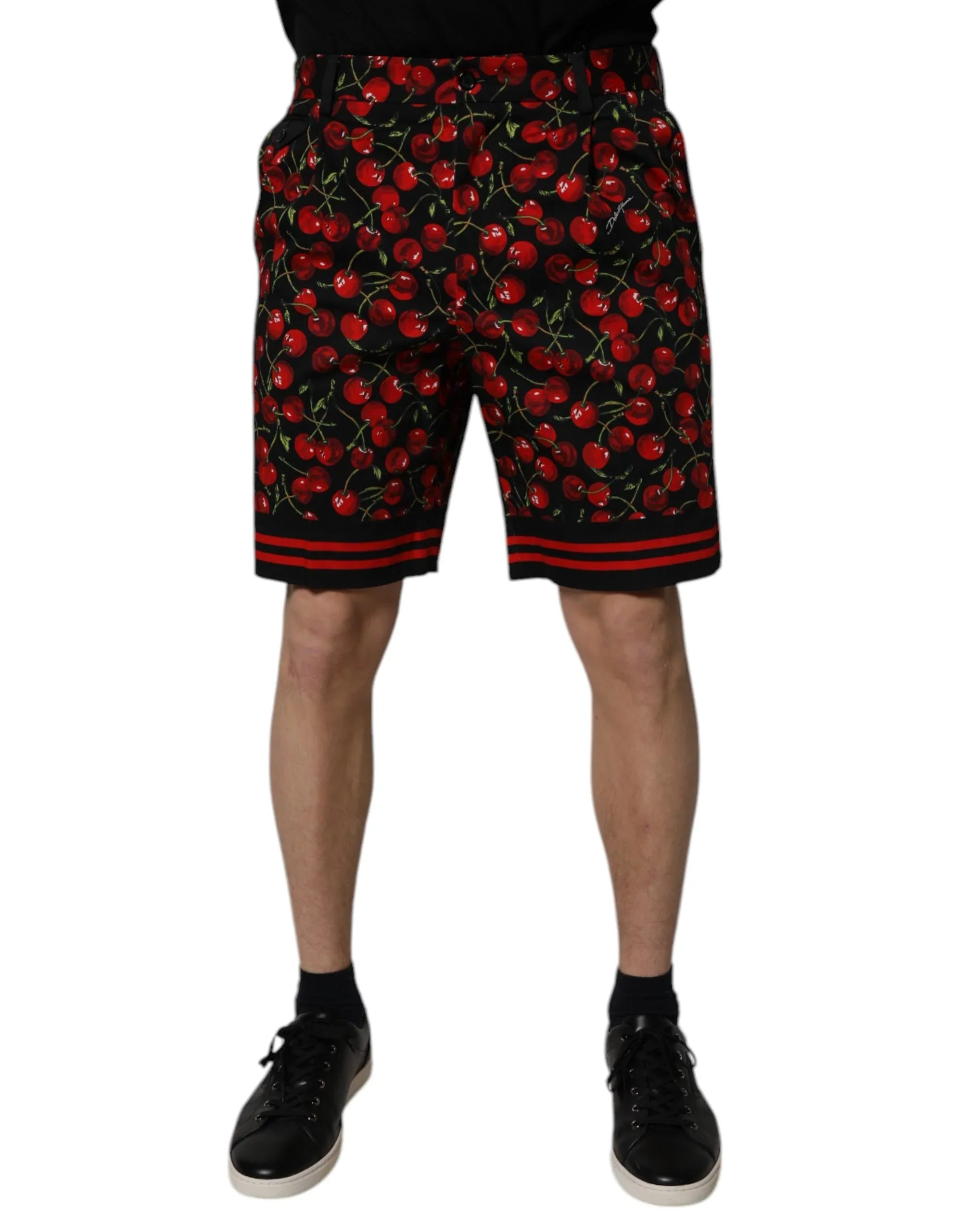 Dolce & Gabbana Black Red Cherry Print Bermuda Cotton Shorts - Zeiniez
