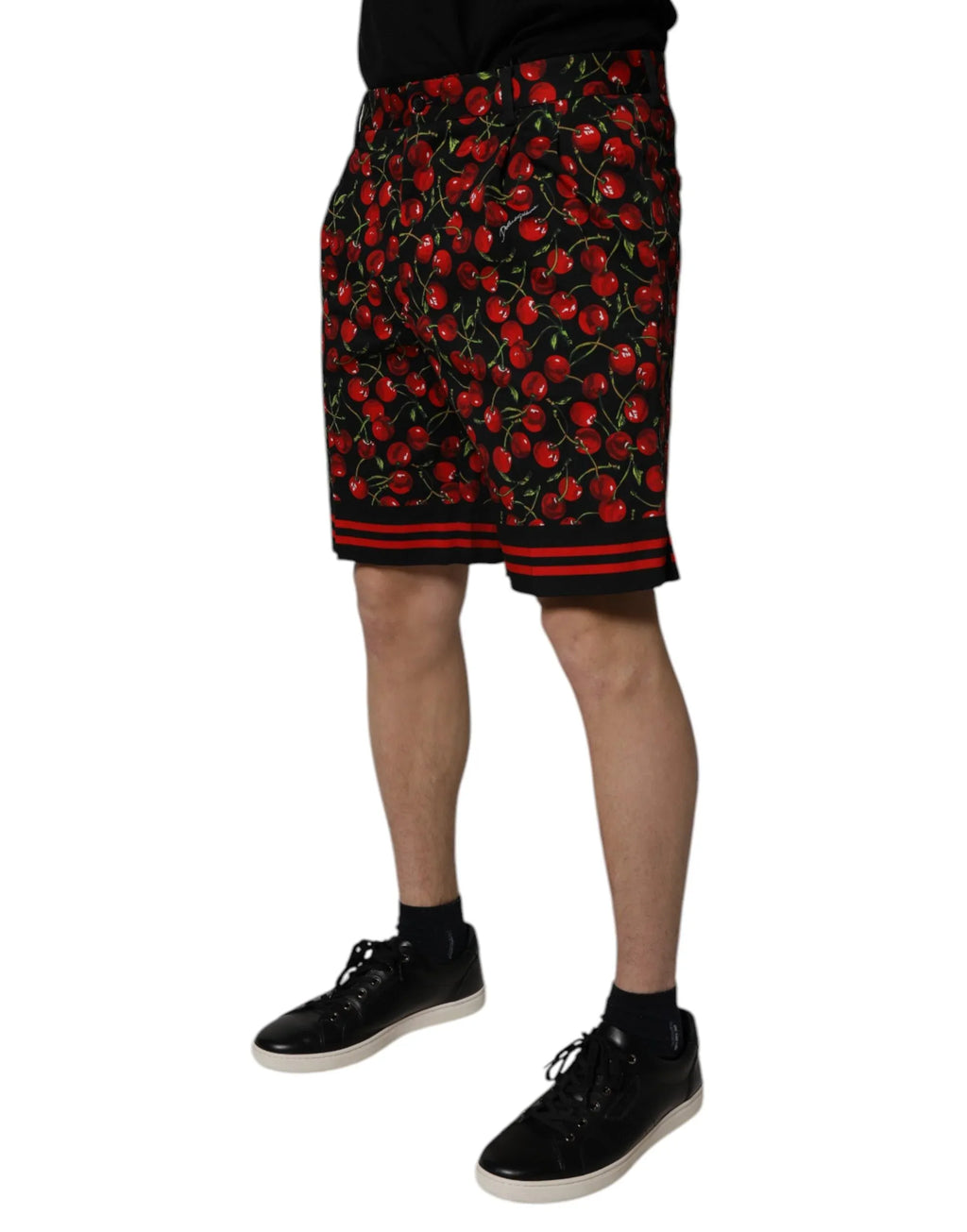 Dolce & Gabbana Black Red Cherry Print Bermuda Cotton Shorts - Zeiniez