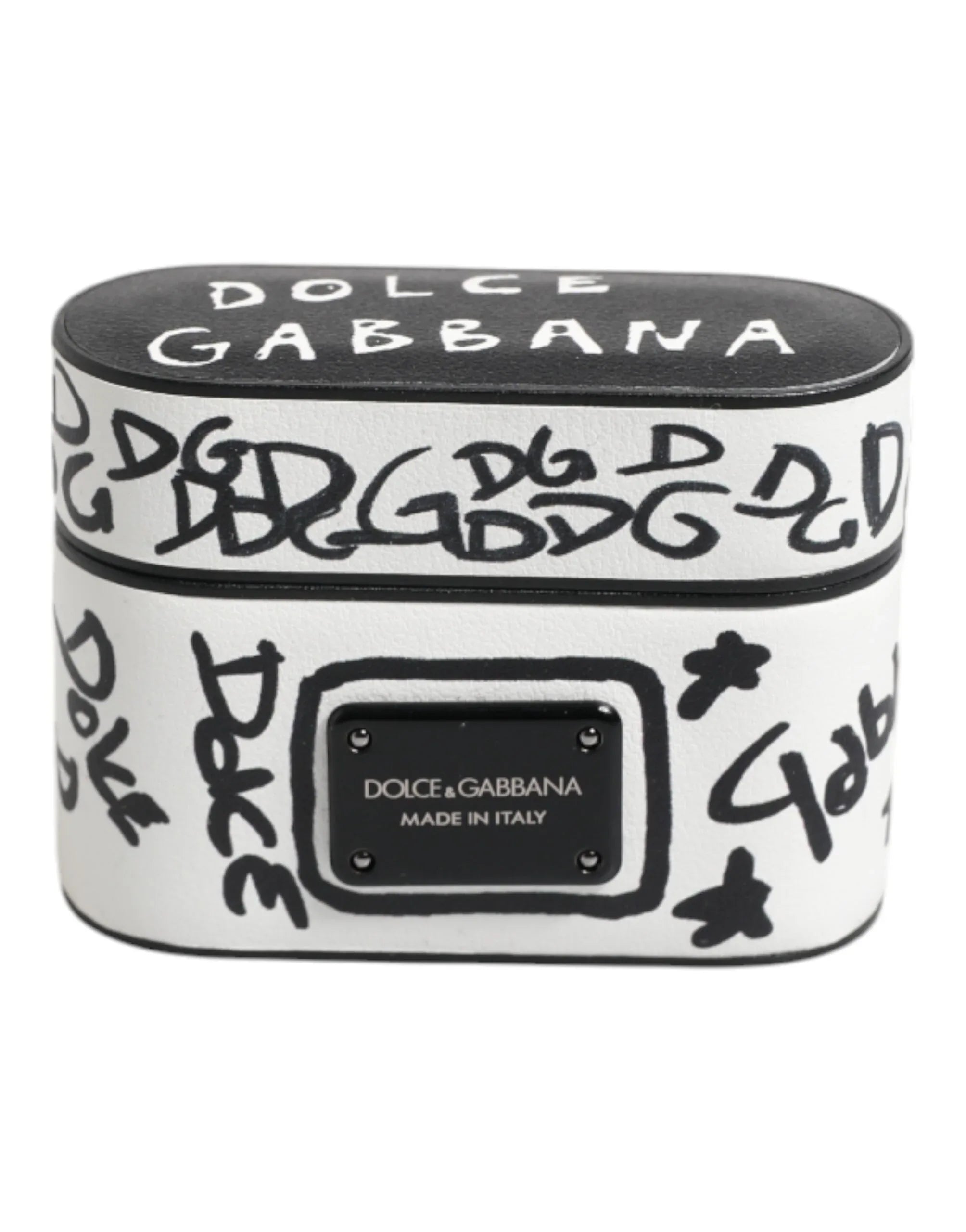 Dolce & Gabbana Black White Leather Scribble Embossed Logo Airpods Case - Zeiniez