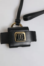 Dolce & Gabbana Black Leather Strap Gold Metal Logo Plaque Airpods Case - Zeiniez
