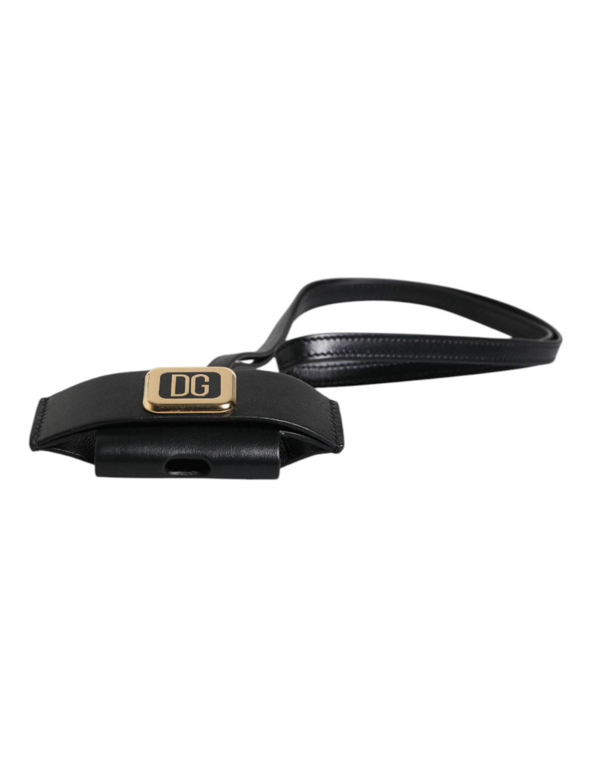 Dolce & Gabbana Black Leather Strap Gold Metal Logo Plaque Airpods Case