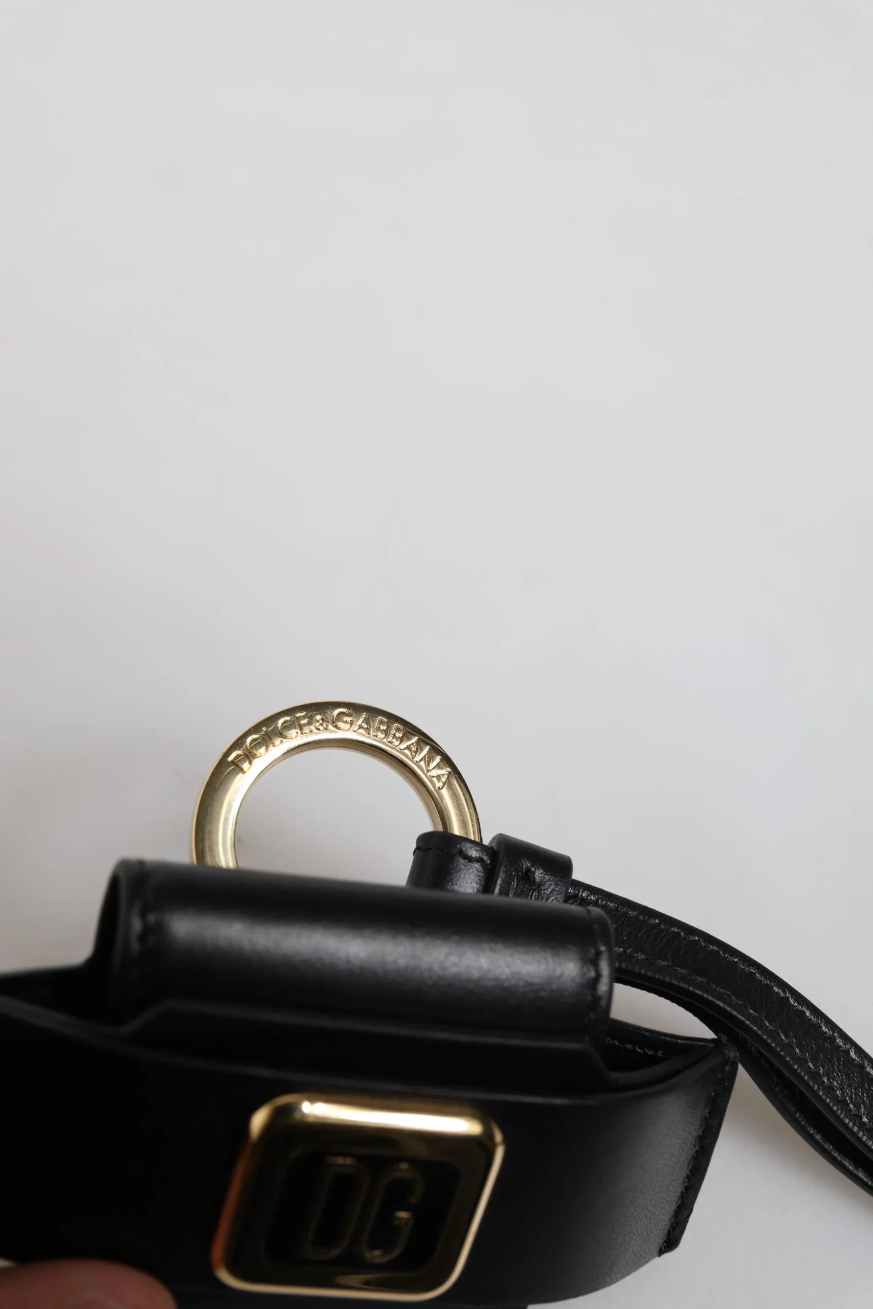 Dolce & Gabbana Black Leather Strap Gold Metal Logo Plaque Airpods Case - Zeiniez