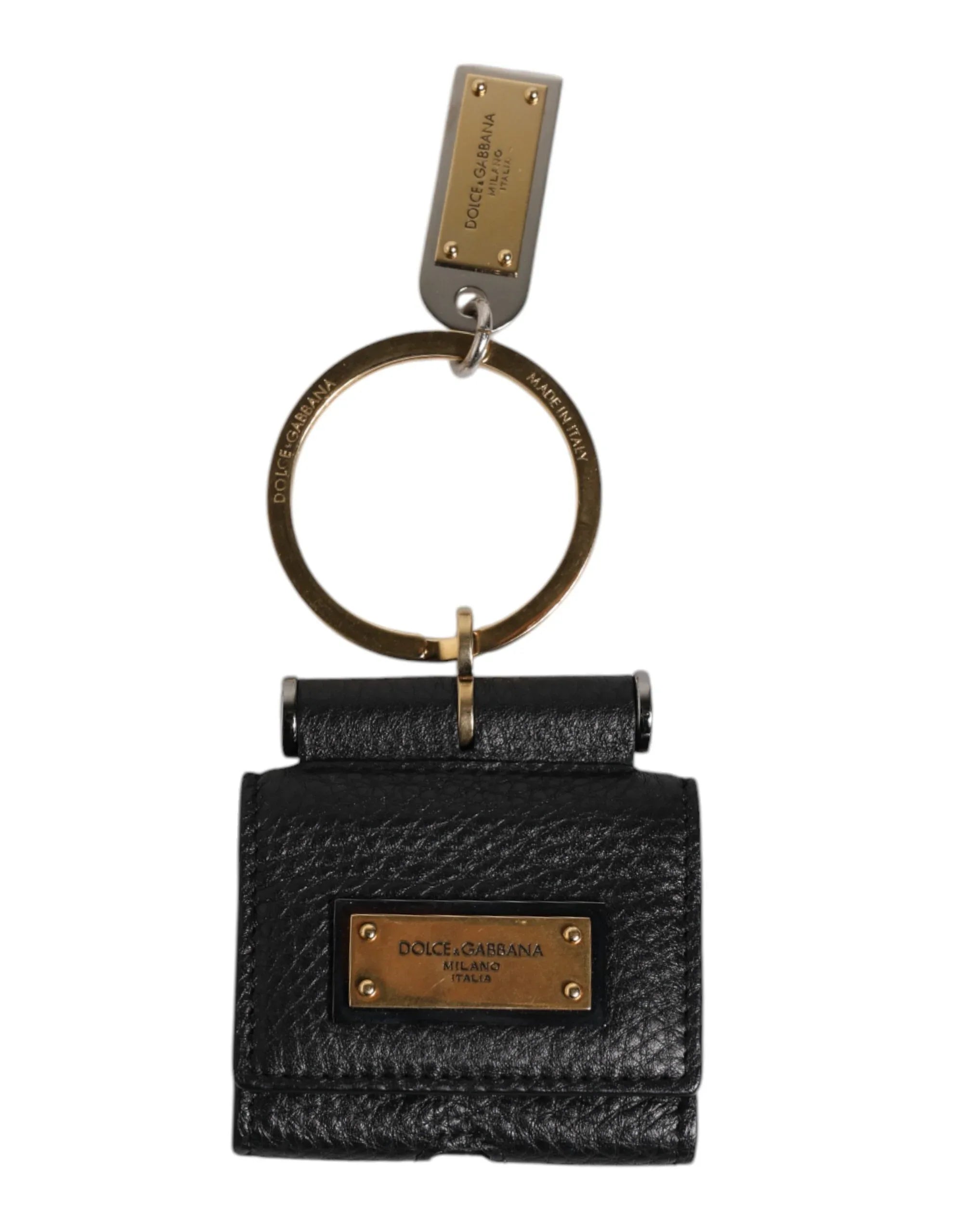 Dolce & Gabbana Black Leather Strap Gold Metal Logo Plaque Airpods Case - Zeiniez