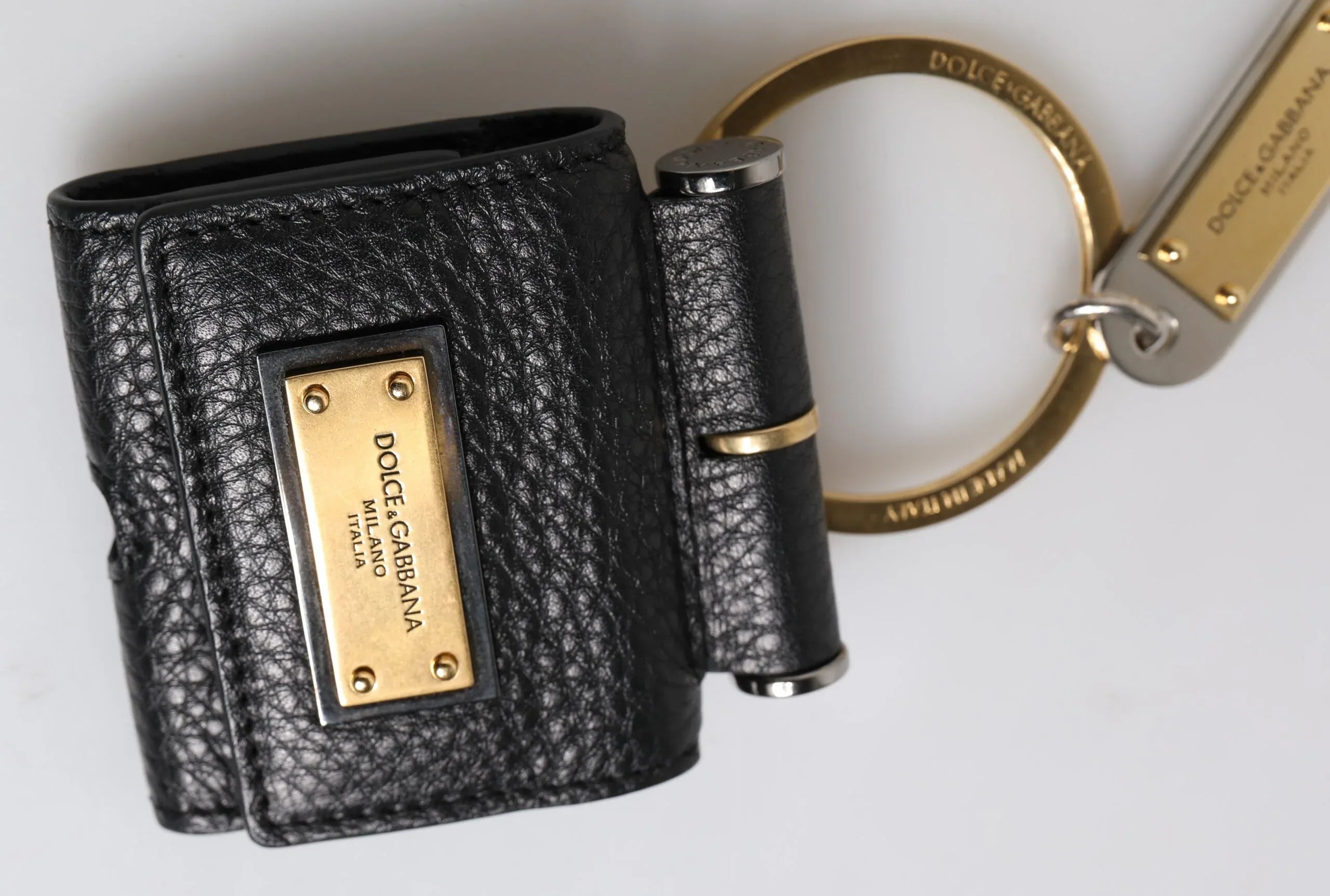 Dolce & Gabbana Black Leather Strap Gold Metal Logo Plaque Airpods Case - Zeiniez