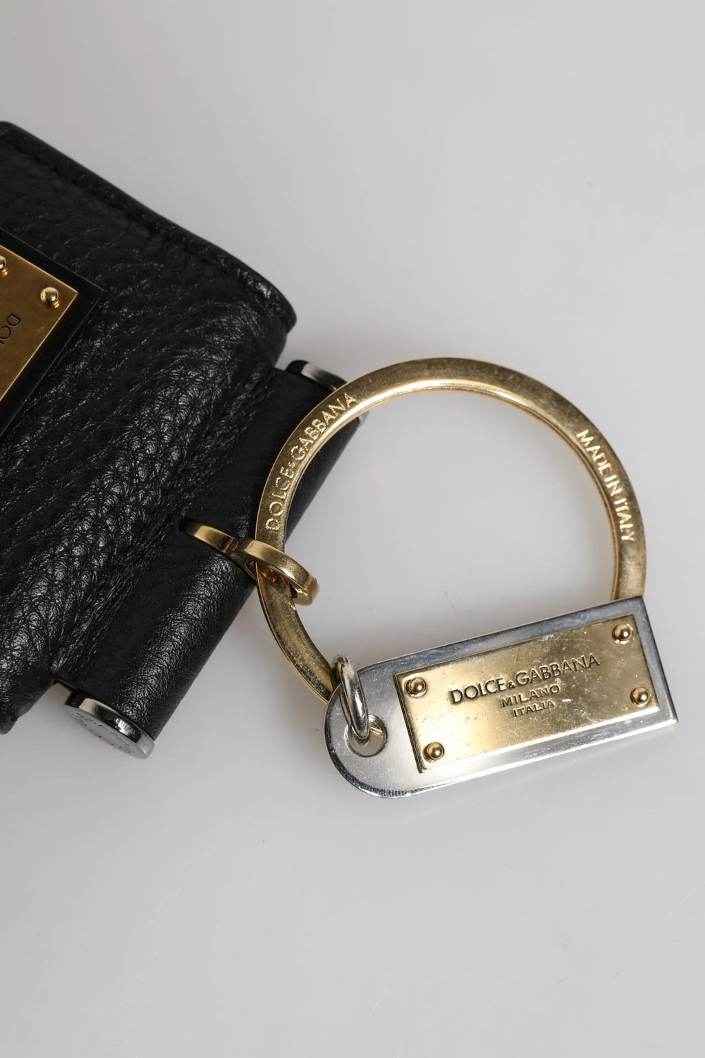 Dolce & Gabbana Black Leather Strap Gold Metal Logo Plaque Airpods Case - Zeiniez