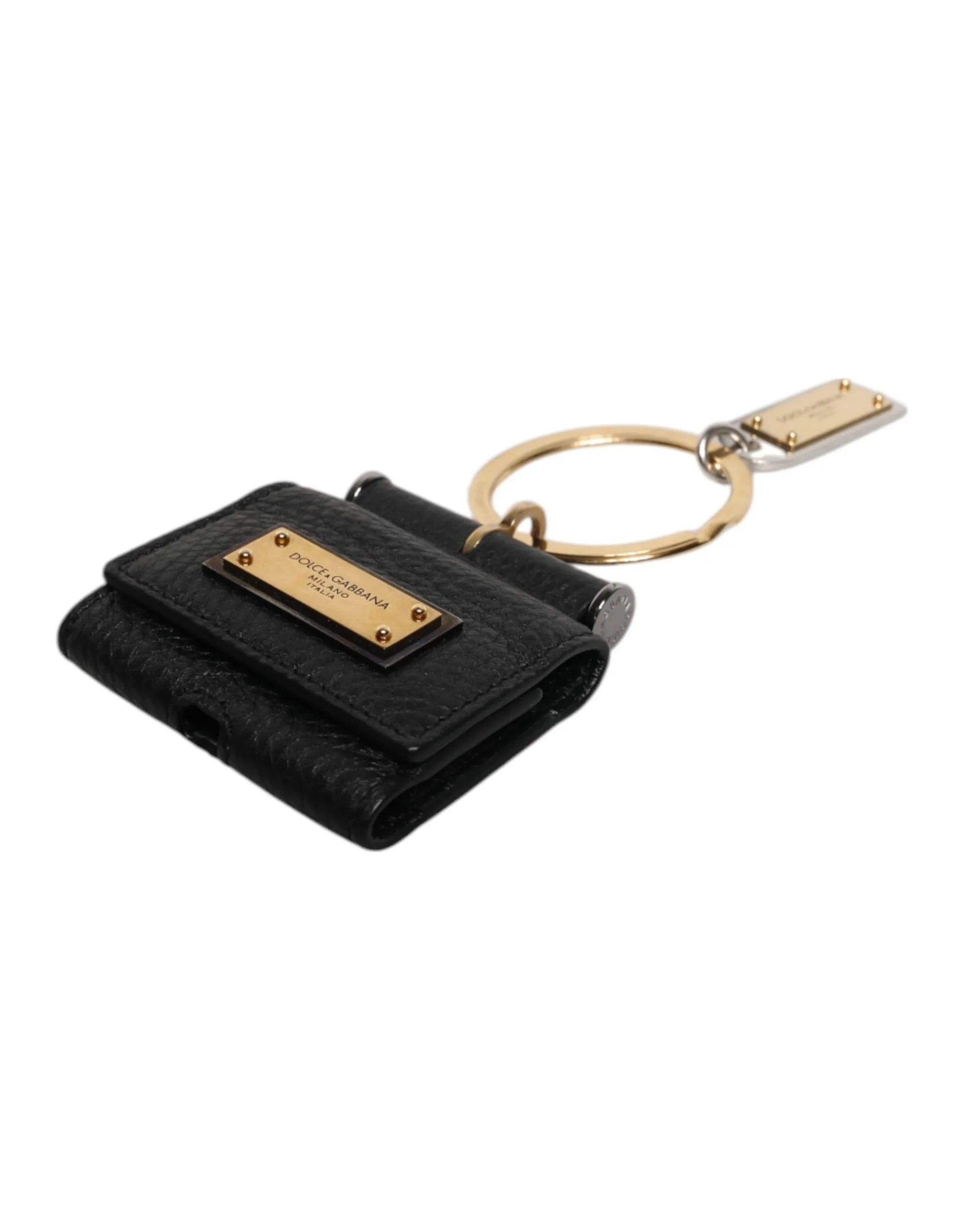 Dolce & Gabbana Black Leather Strap Gold Metal Logo Plaque Airpods Case - Zeiniez