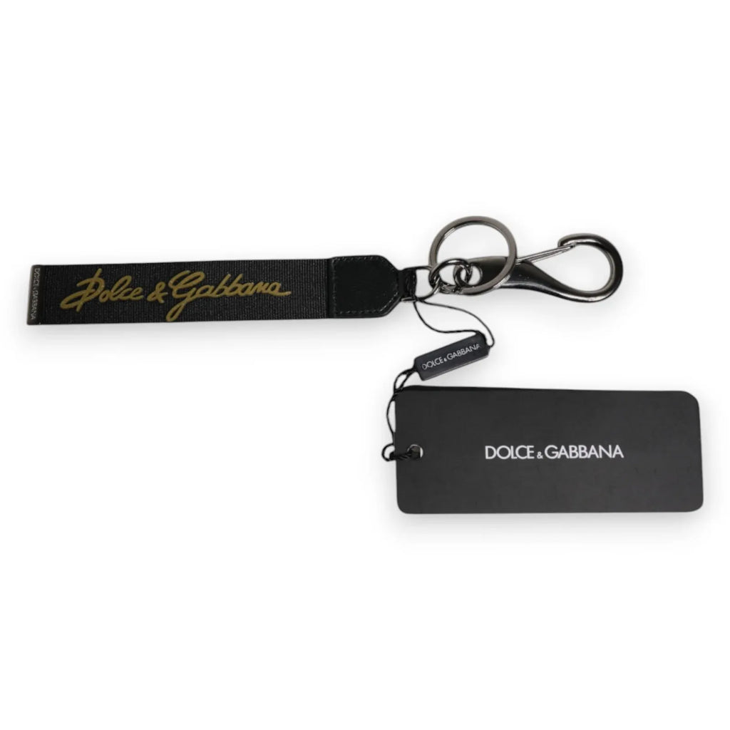 Dolce & Gabbana Black Logo Nylon Silver Brass Men Holder Keychain Keyring - Zeiniez