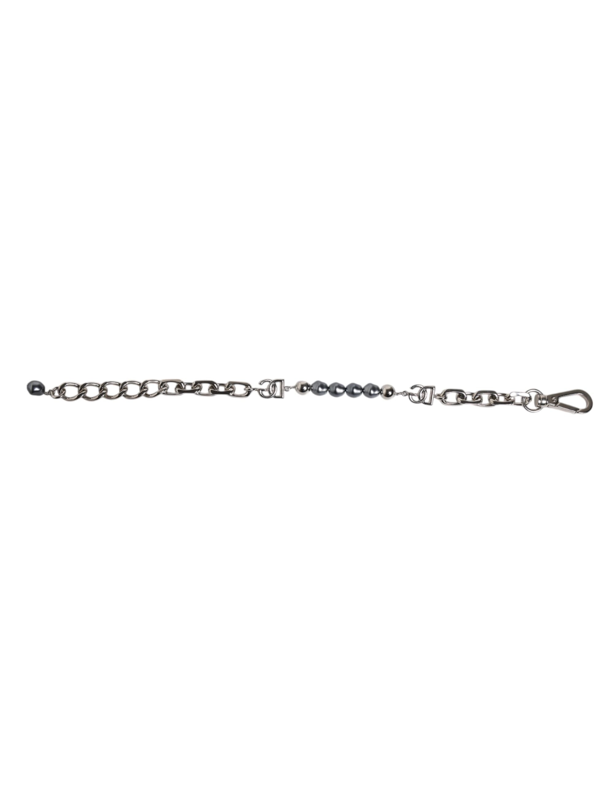Dolce & Gabbana Silver Tone Chain Lobster Clasp Logo Gray Pearls Bracelet - Zeiniez
