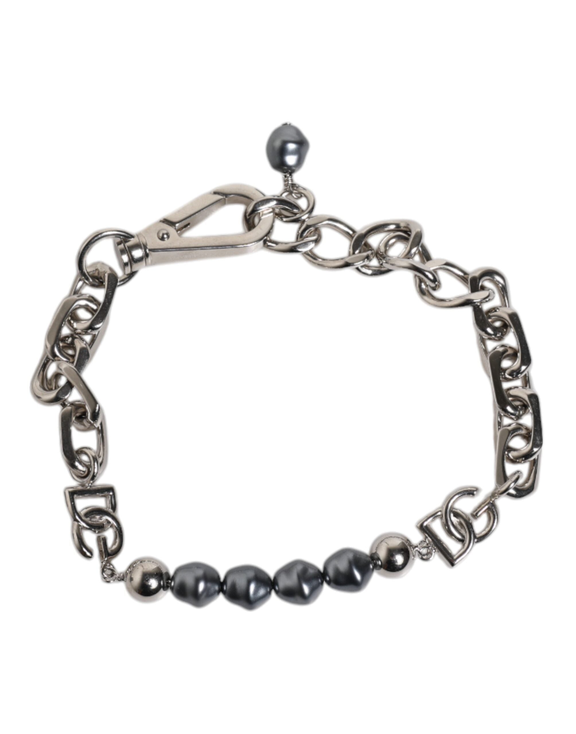 Dolce & Gabbana Silver Tone Chain Lobster Clasp Logo Gray Pearls Bracelet - Zeiniez
