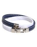 Dolce & Gabbana Blue White Leather Trimmed DG Engraved Silver Tone Clasp Bracelet - Zeiniez