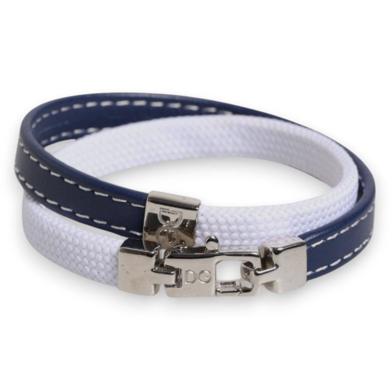 Dolce & Gabbana Blue White Leather Trimmed DG Engraved Silver Tone Clasp Bracelet - Zeiniez