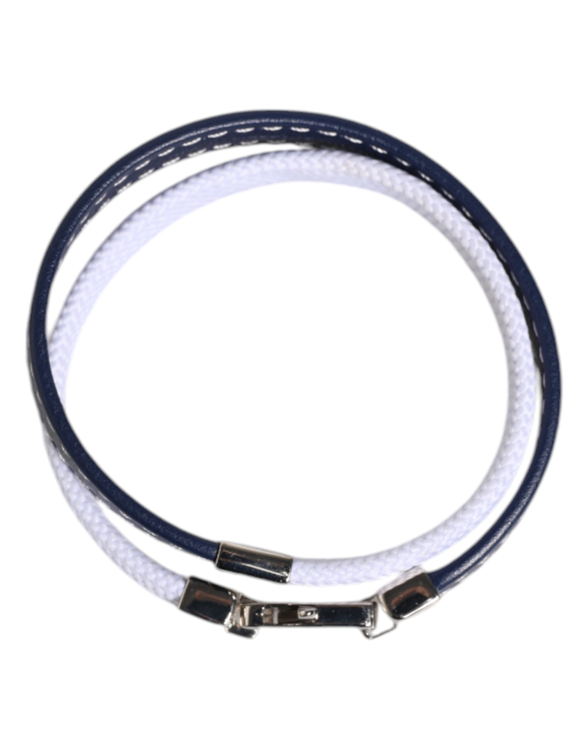 Dolce & Gabbana Blue White Leather Trimmed DG Engraved Silver Tone Clasp Bracelet - Zeiniez