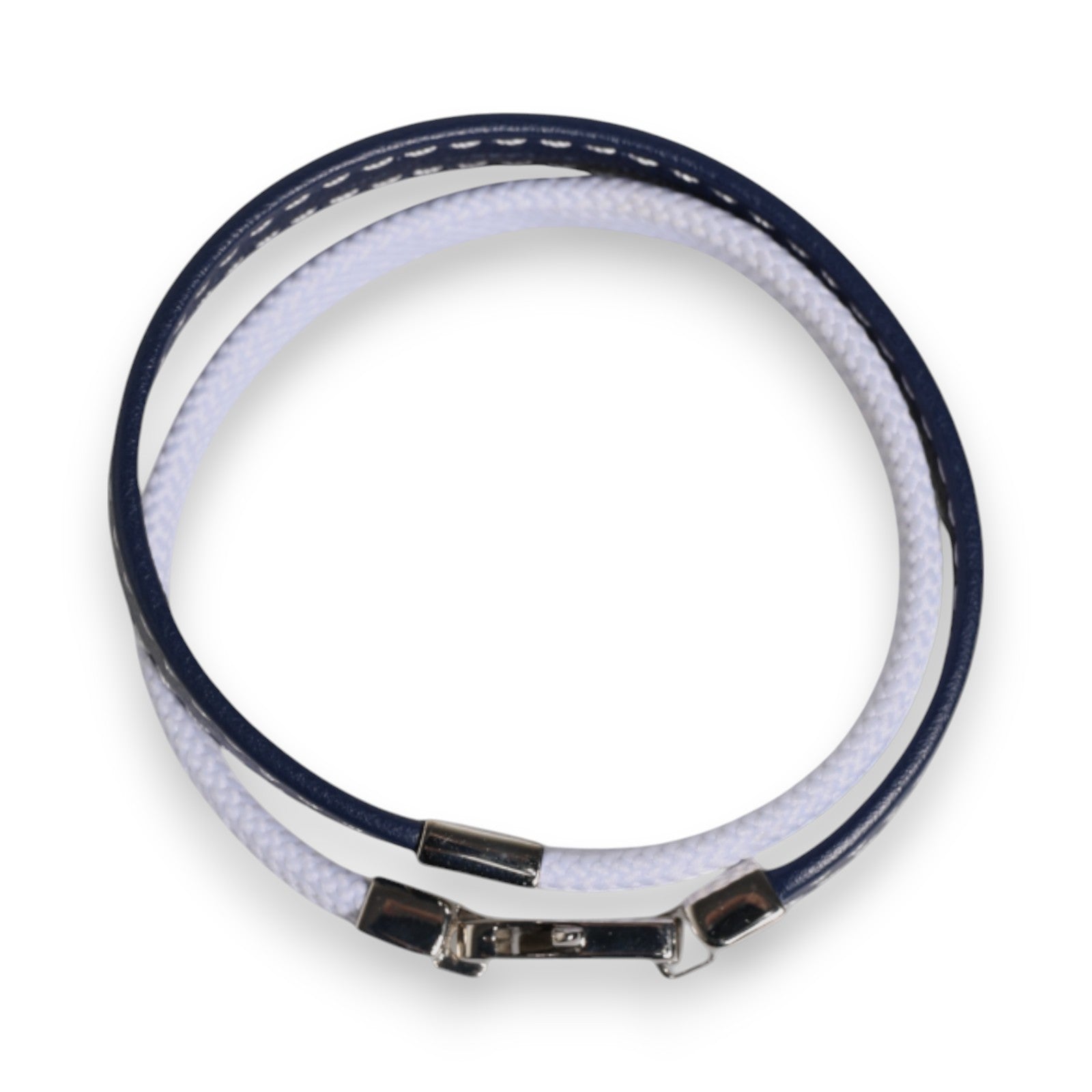 Dolce & Gabbana Blue White Leather Trimmed DG Engraved Silver Tone Clasp Bracelet - Zeiniez