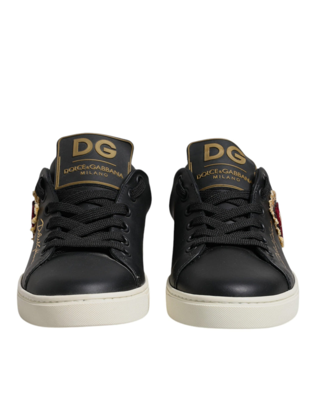 Dolce & Gabbana Black Leather Gold Red Heart Sneakers Shoes - Zeiniez