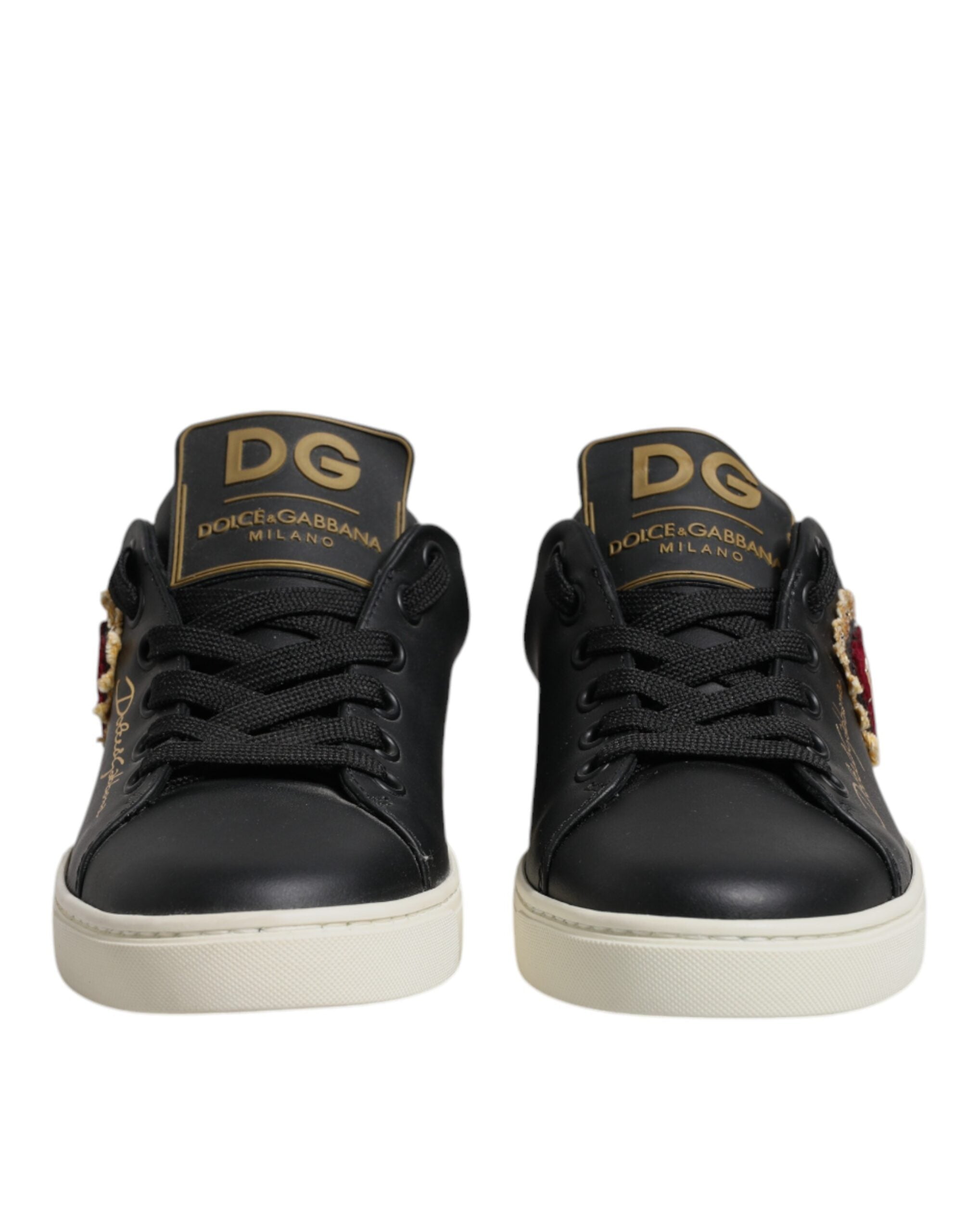 Dolce & Gabbana Black Leather Gold Red Heart Sneakers Shoes - Zeiniez