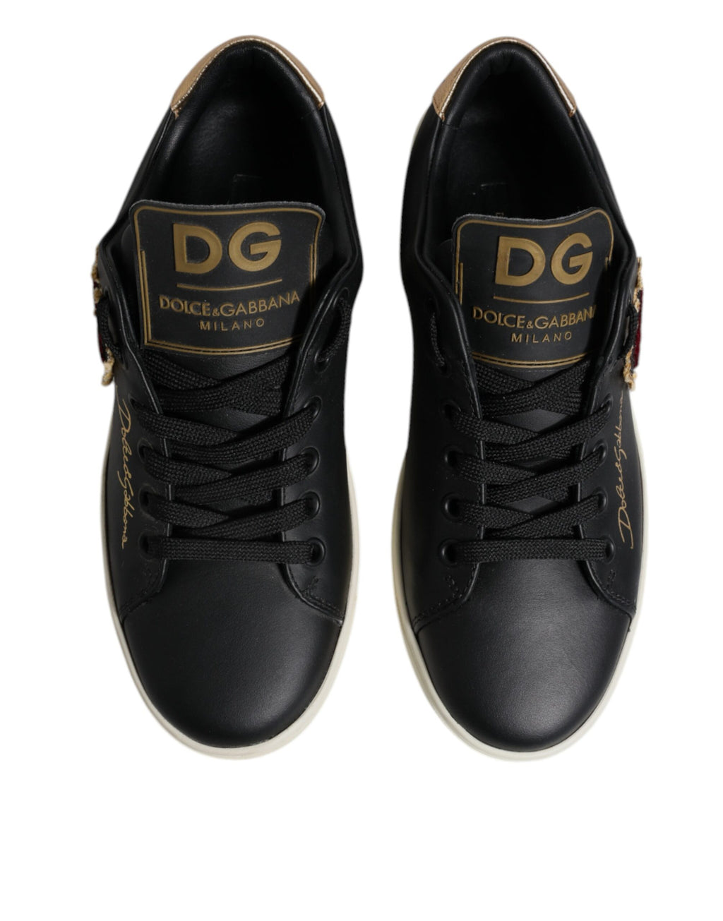 Dolce & Gabbana Black Leather Gold Red Heart Sneakers Shoes - Zeiniez