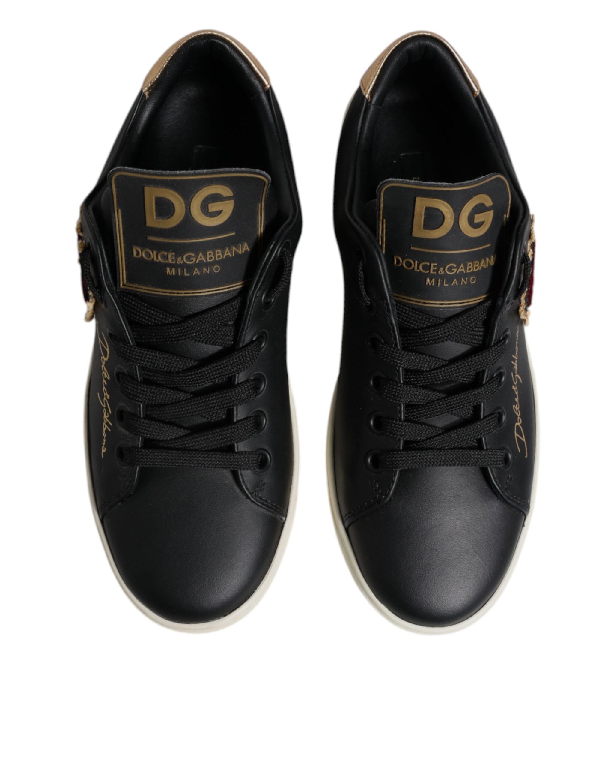 Dolce & Gabbana Black Leather Gold Red Heart Sneakers Shoes - Zeiniez