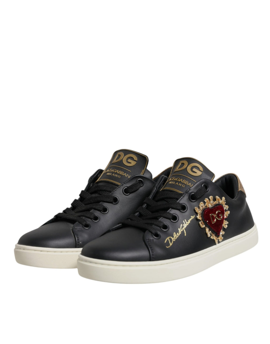 Dolce & Gabbana Black Leather Gold Red Heart Sneakers Shoes - Zeiniez
