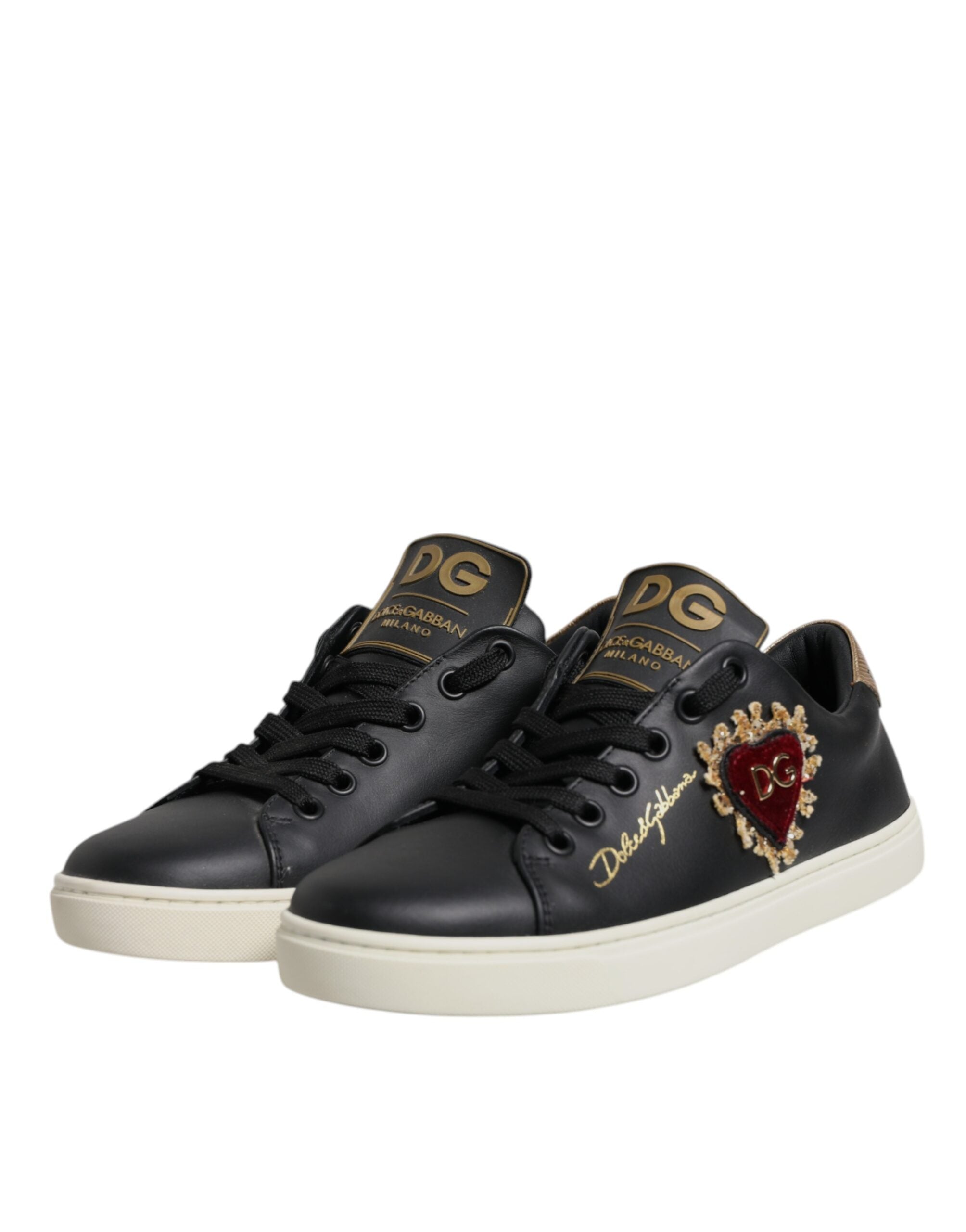 Dolce & Gabbana Black Leather Gold Red Heart Sneakers Shoes - Zeiniez