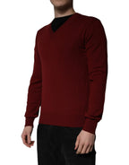 Dolce & Gabbana Maroon Cashmere V-neck Men Pullover Sweater - Zeiniez