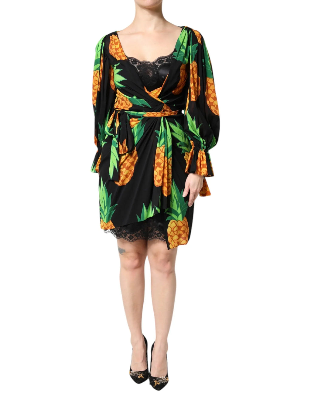 Dolce & Gabbana Black Silk Pineapple Draped Print Wrap Dress - Zeiniez