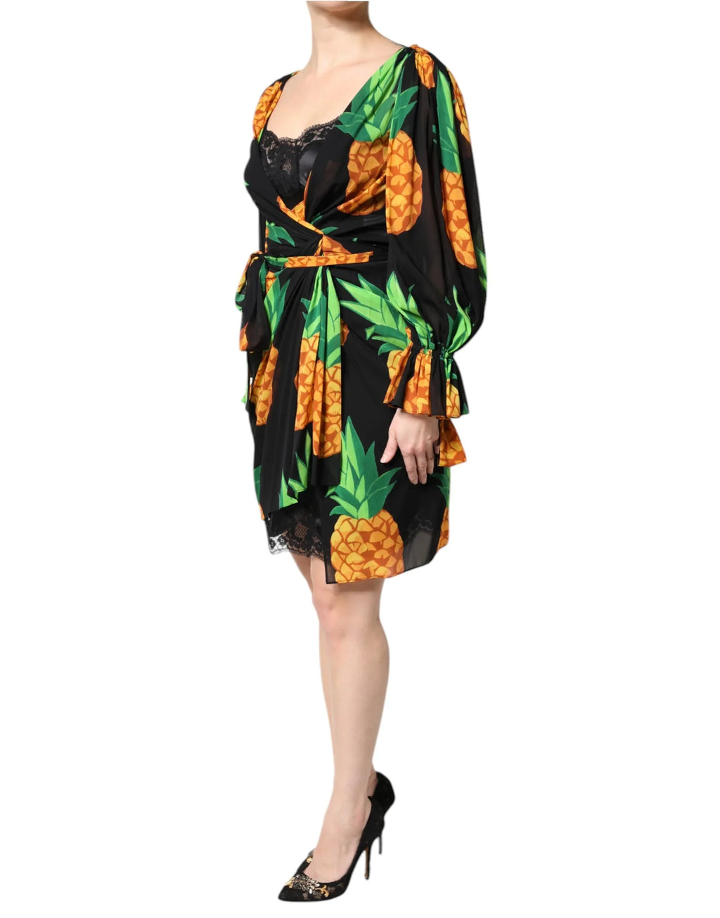 Dolce & Gabbana Black Silk Pineapple Draped Print Wrap Dress - Zeiniez