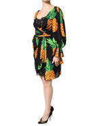 Dolce & Gabbana Black Silk Pineapple Draped Print Wrap Dress - Zeiniez