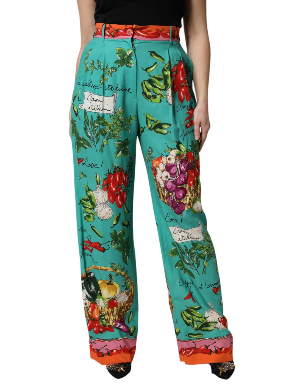 Dolce & Gabbana Green Silk Printed Straight Pants - Zeiniez