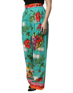 Dolce & Gabbana Green Silk Printed Straight Pants - Zeiniez