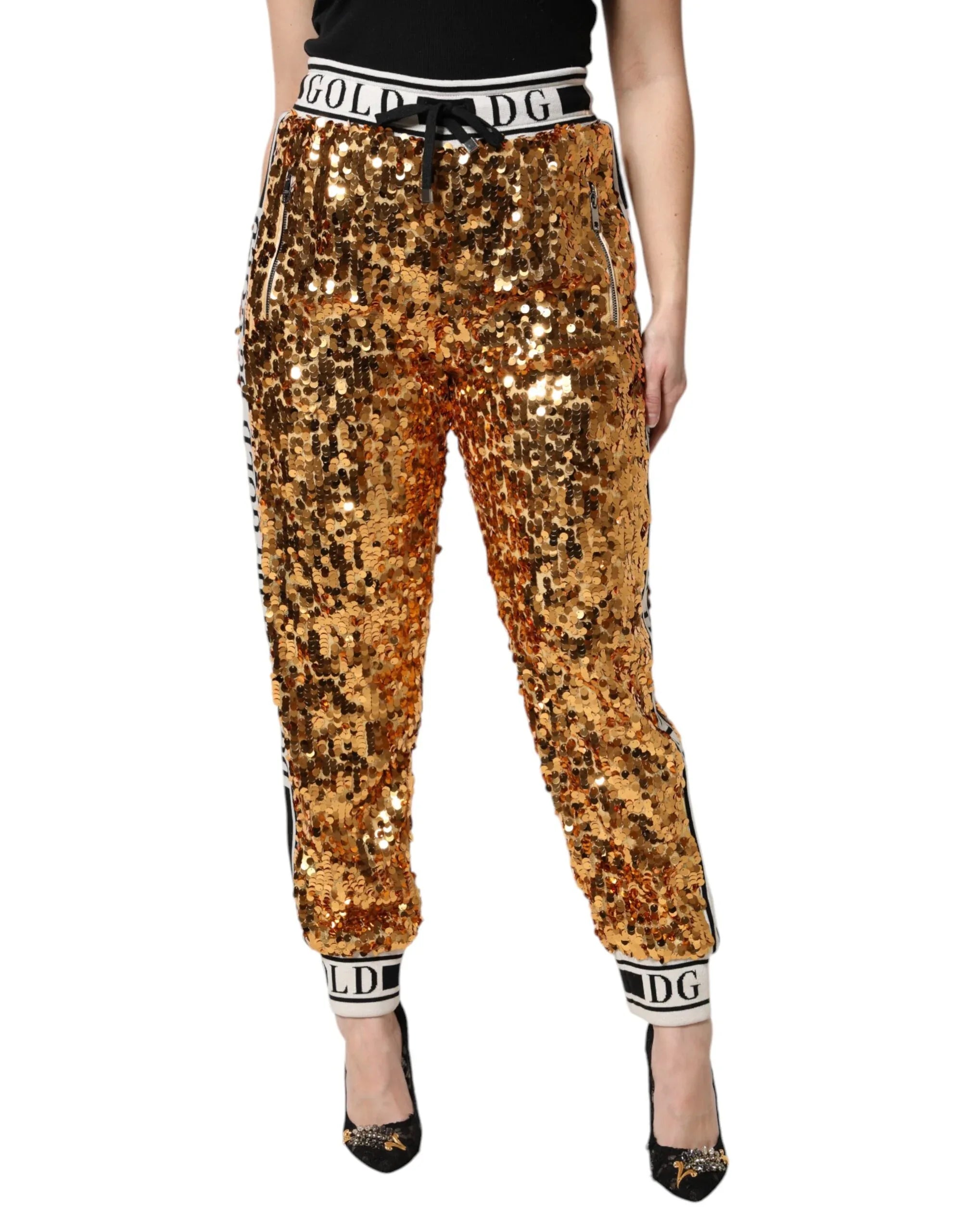 Dolce & Gabbana Metallic Gold DG Logo Sequined Jogger Pants - Zeiniez