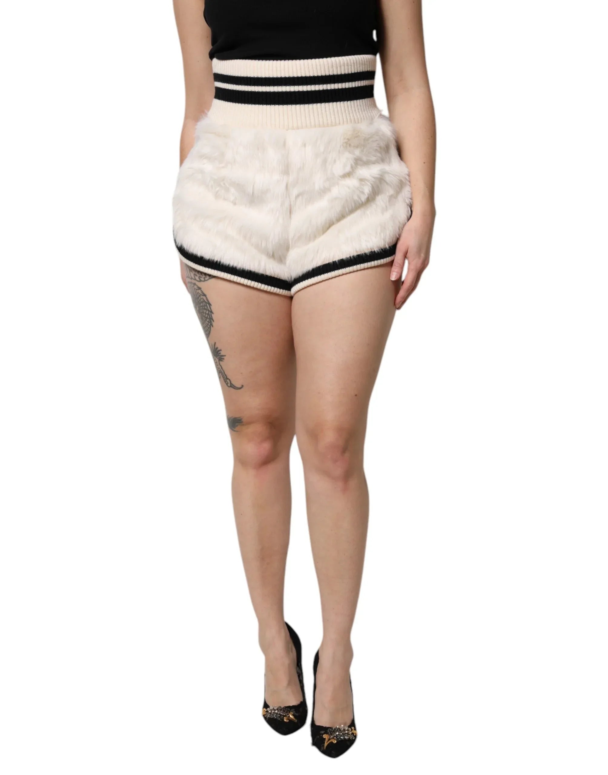 Dolce & Gabbana White Faux Fur High Waisted Hot Pants Short - Zeiniez