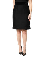 Dolce & Gabbana Black Wool Fringe High Waist Pencil Mini Skirt