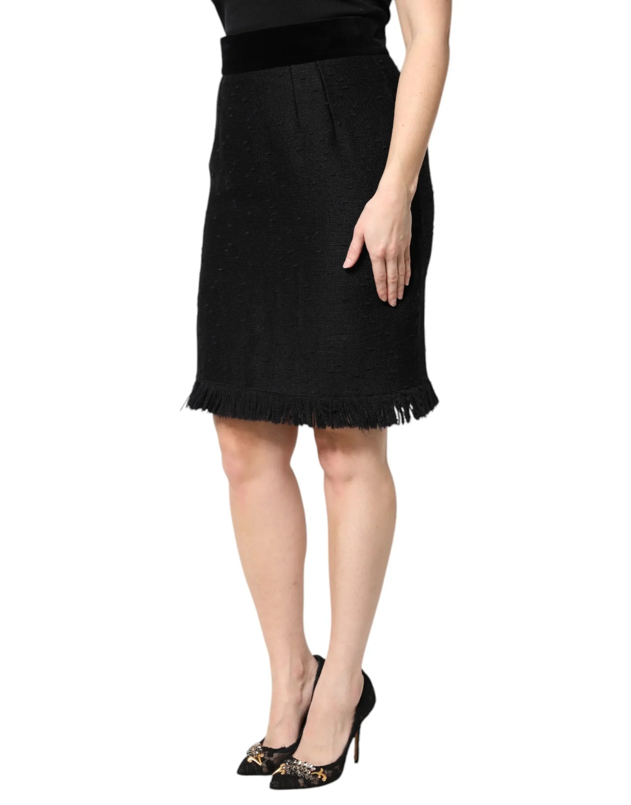 Dolce & Gabbana Black Wool Fringe High Waist Pencil Mini Skirt - Zeiniez