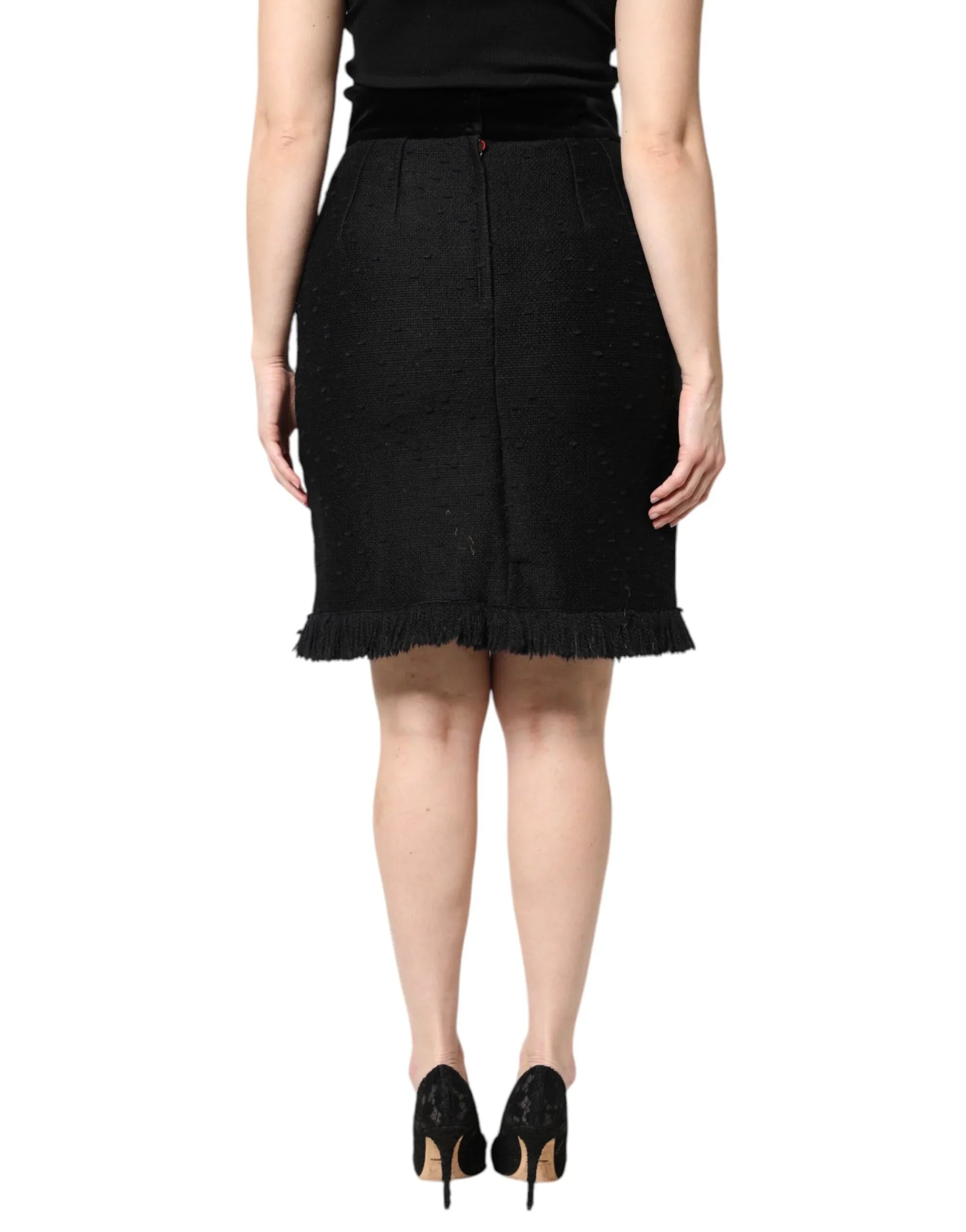Dolce & Gabbana Black Wool Fringe High Waist Pencil Mini Skirt - Zeiniez