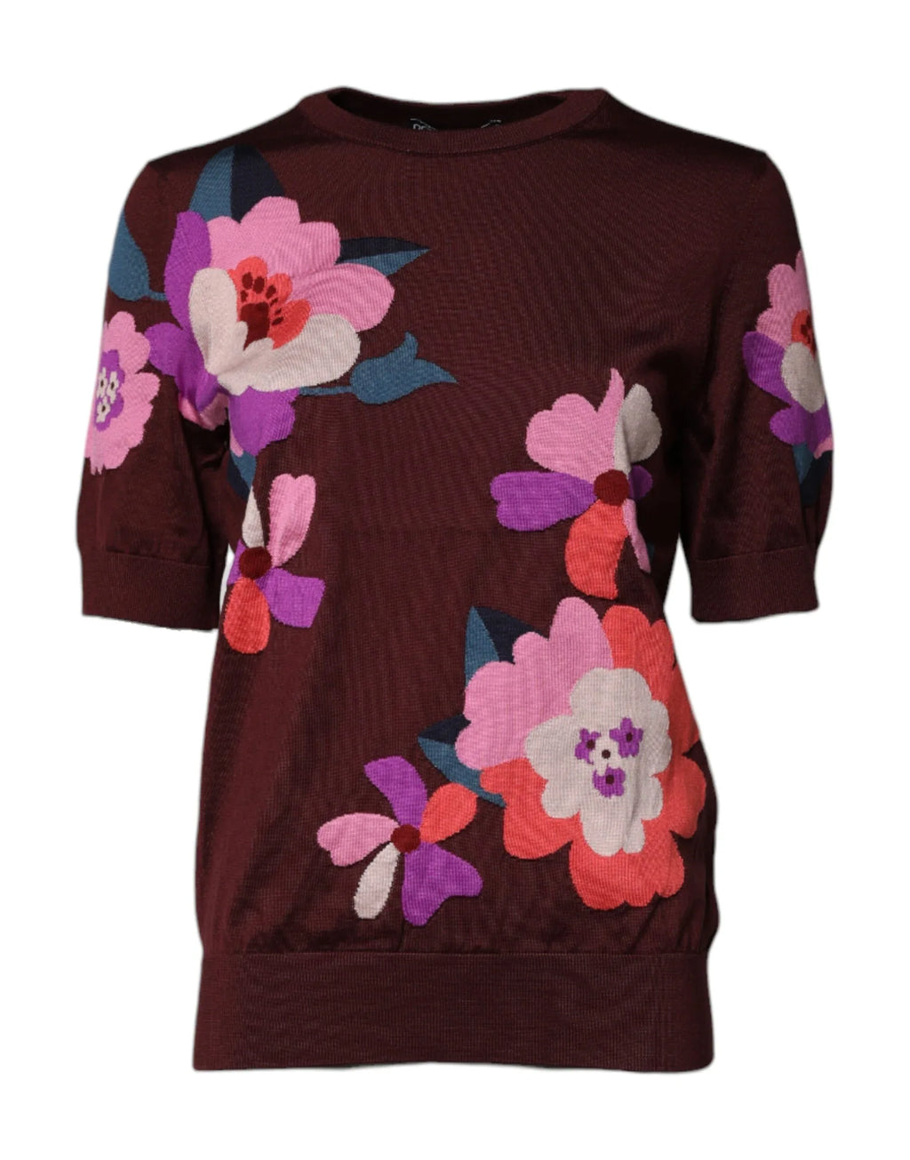 Dolce & Gabbana Maroon Floral Silk Crew Neck Blouse Top - Zeiniez