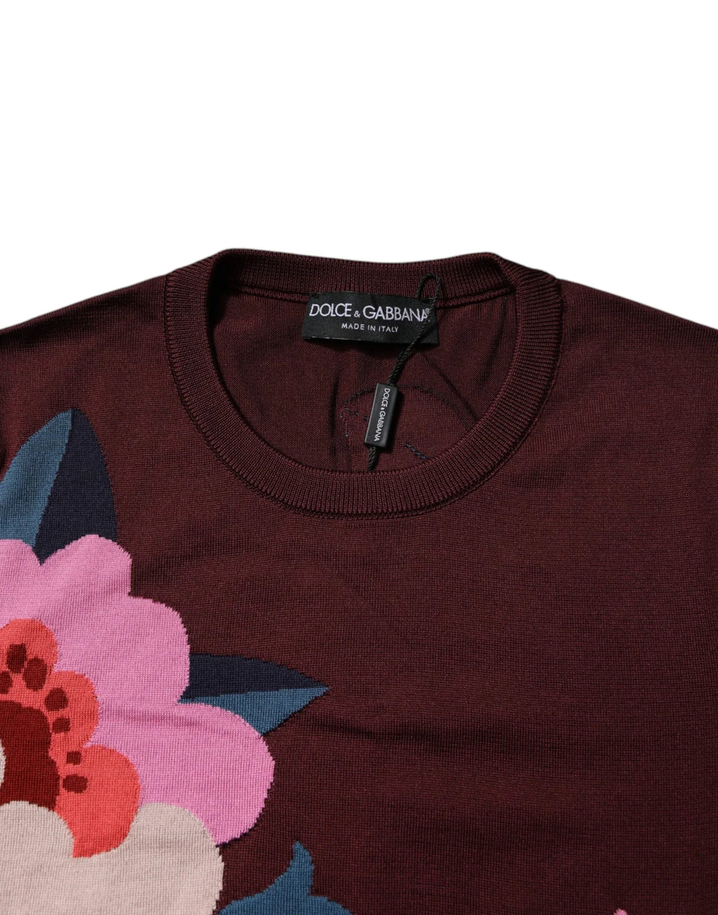 Dolce & Gabbana Maroon Floral Silk Crew Neck Blouse Top - Zeiniez