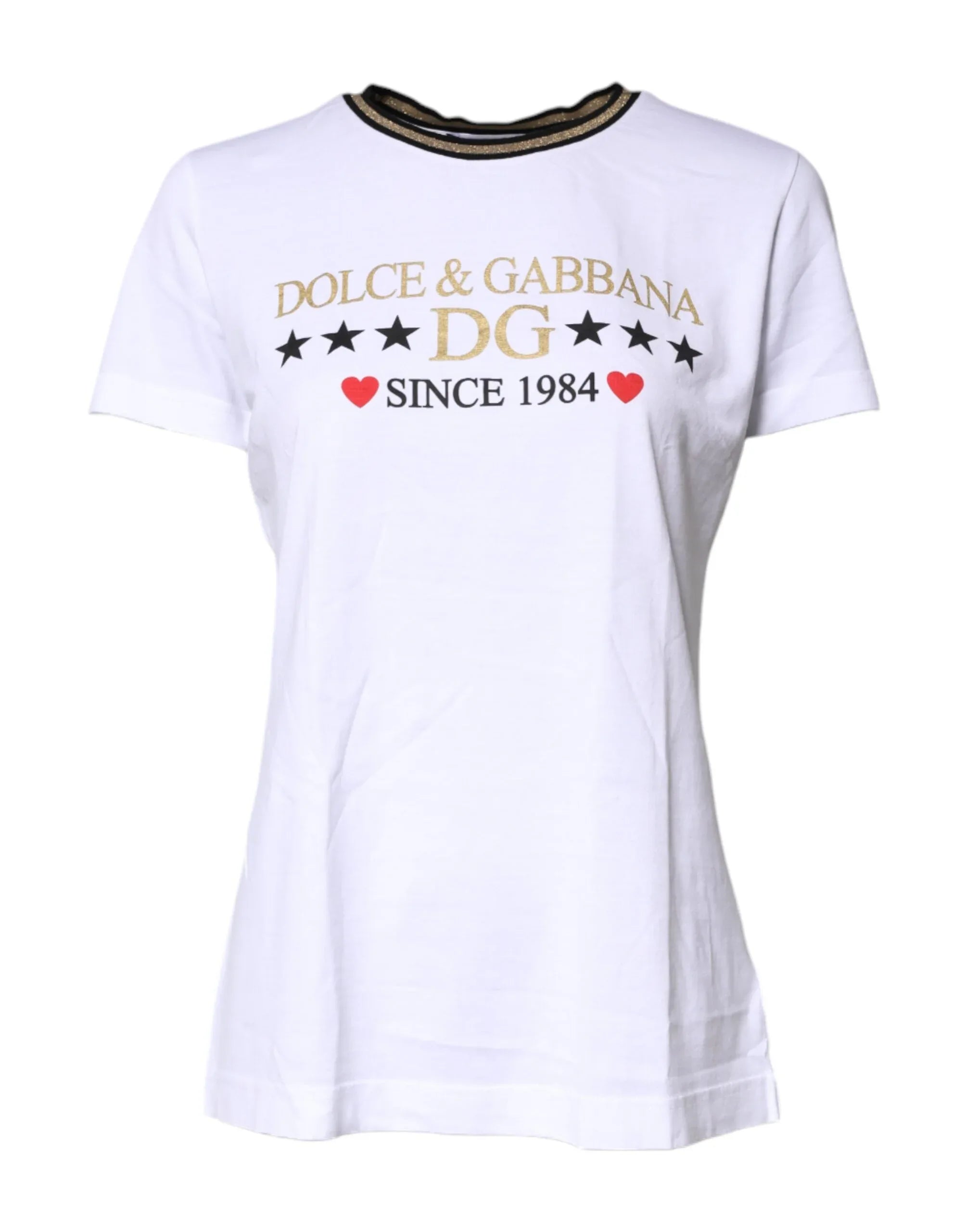 Dolce & Gabbana White Printed Round Neck Top Cotton T-shirt - Zeiniez