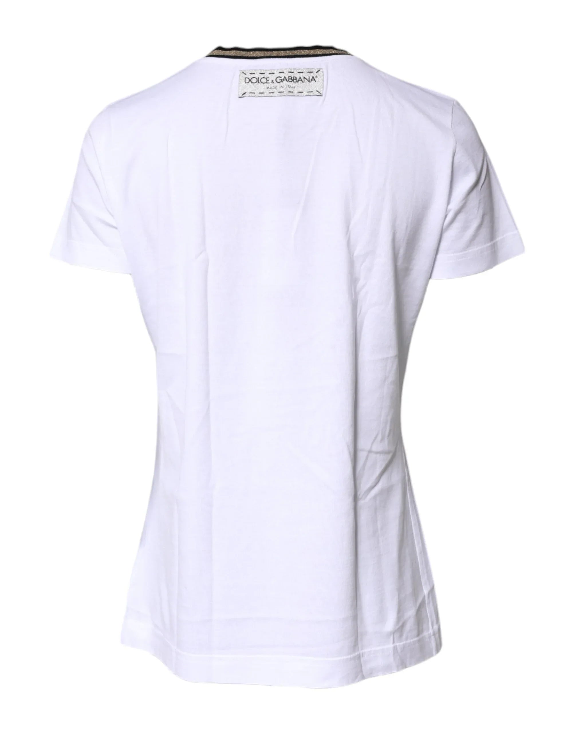 Dolce & Gabbana White Printed Round Neck Top Cotton T-shirt - Zeiniez