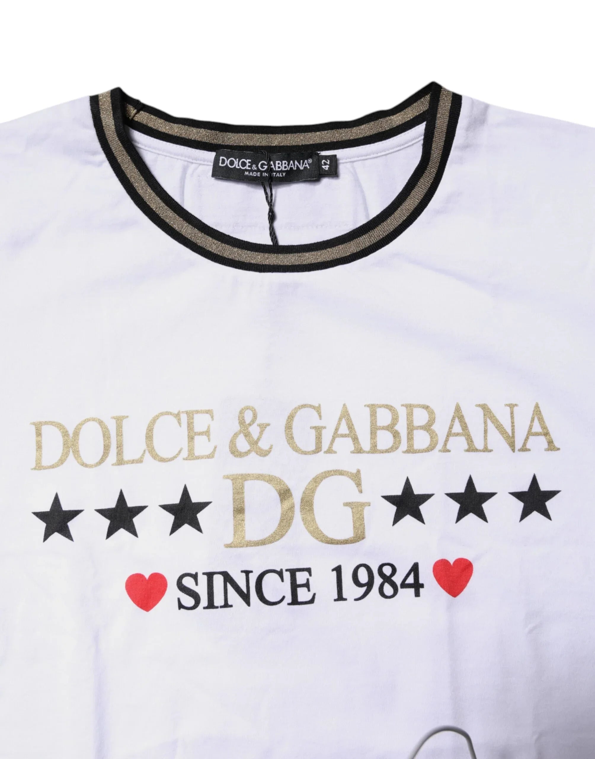 Dolce & Gabbana White Printed Round Neck Top Cotton T-shirt - Zeiniez