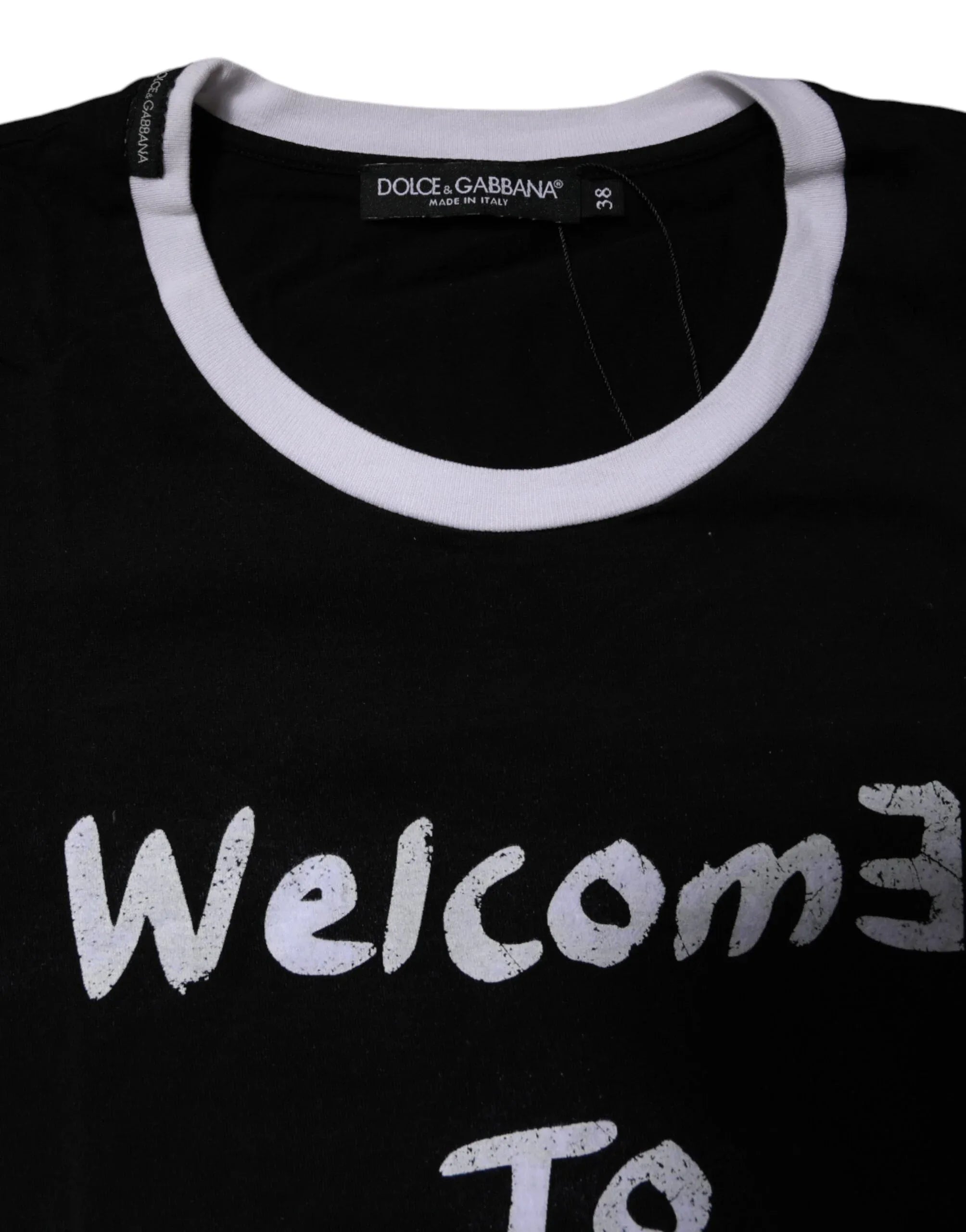 Dolce & Gabbana Black Printed Round Neck Top Cotton T-shirt - Zeiniez