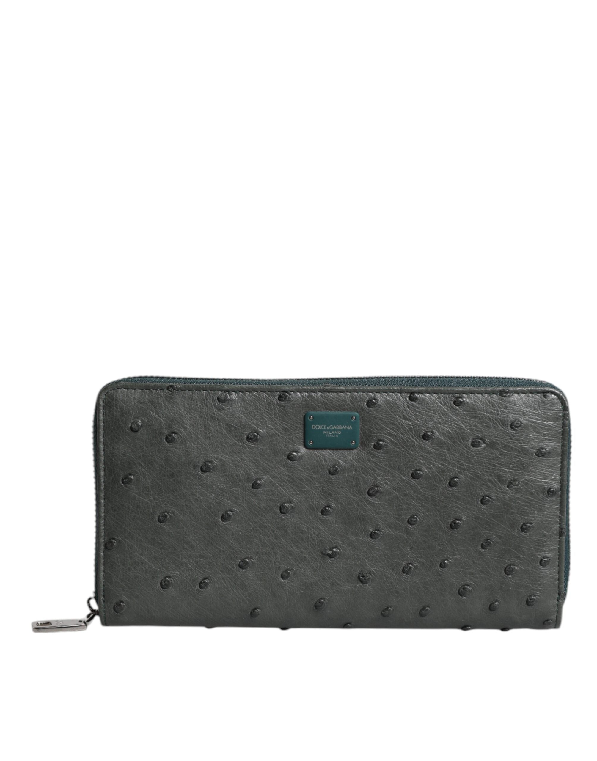 Dolce & Gabbana Green Ostrich Logo Plaque Zip Around Continental Wallet - Zeiniez