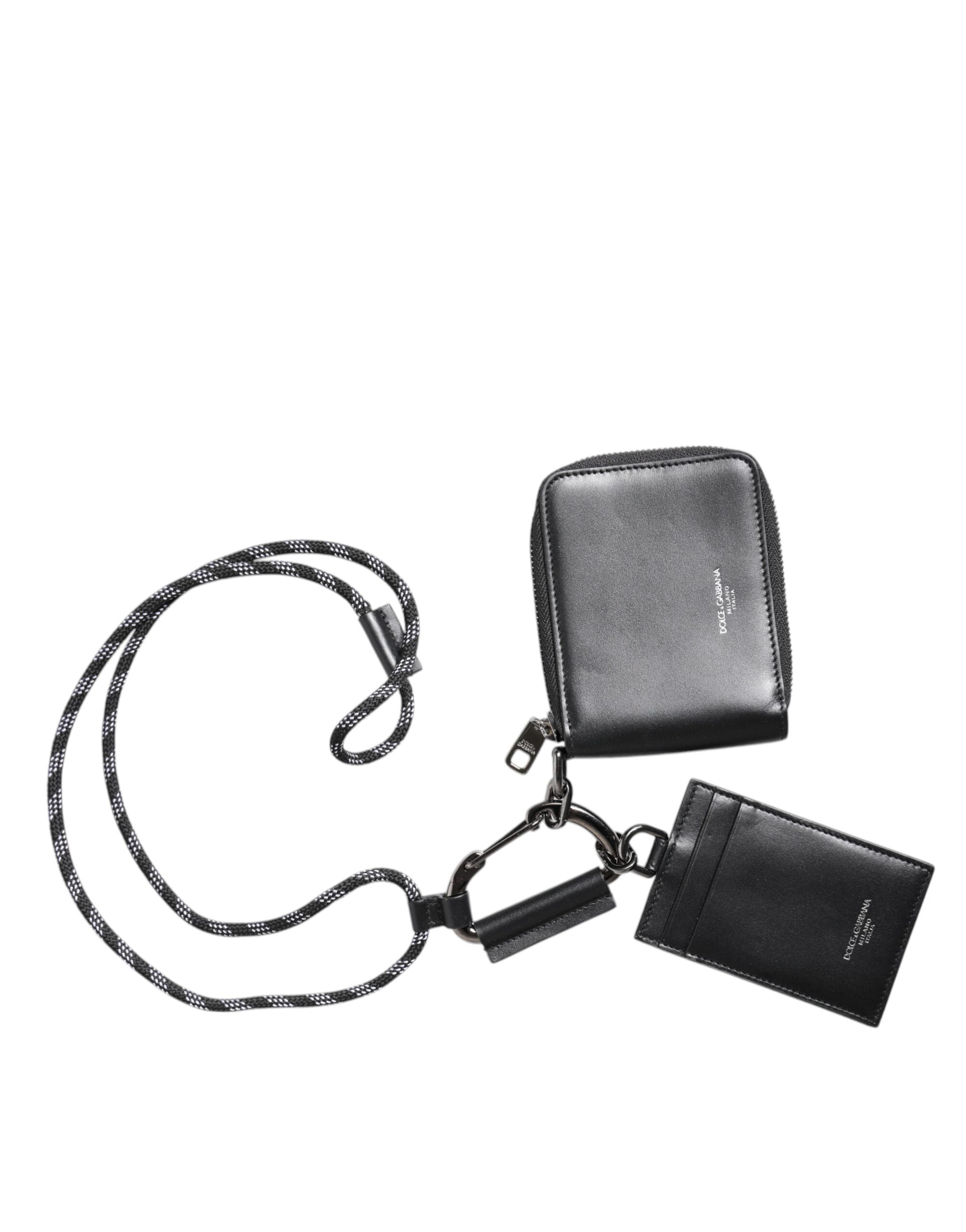 Dolce & Gabbana Black Leather Lanyard Zip Around Card Holder Wallet - Zeiniez